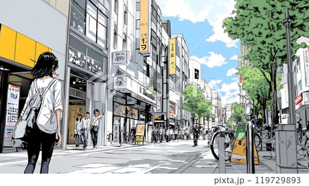 晴れた日に東京の商店街を歩く