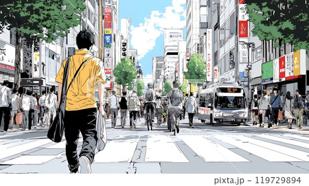 晴れた日に東京の商店街を歩く