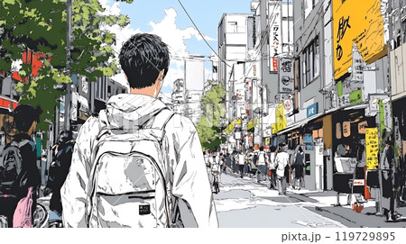 晴れた日に東京の商店街を歩く