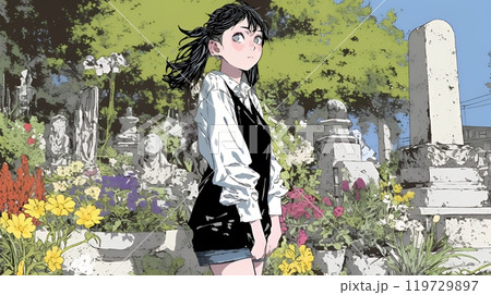 墓参りをしている若い女性