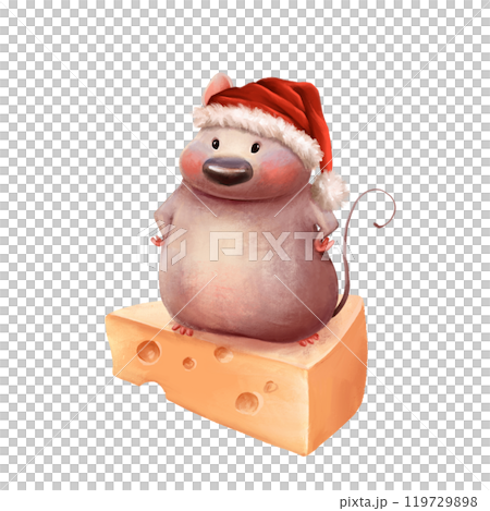 Cute mouse in Santa hat with cheese. Animal illustration. 119729898