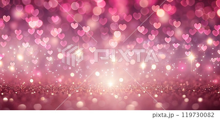 Abstract pink background with sparkling hearts in bokeh style, perfect for Valentine's Day, birthday, christmas celebration	 119730082