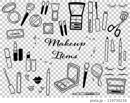 Hand-drawn illustration set of makeup items (line drawing) 119730238