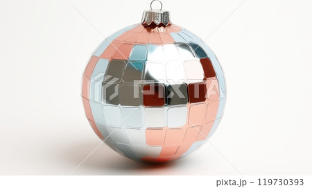 Retro 70s Disco Ball Christmas Ornament with Iridescent Mirrored Facets and Colorful Reflections 119730393