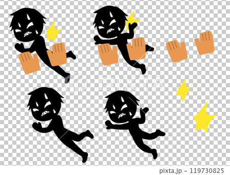 A set of images of black silhouettes fighting off villains A set of images of black silhouettes fighting off villains 119730825