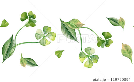 Shamrock and leaves on seamless border watercolor illustration isolated. Painted green four leaves. Hand drawn clover Irish symbol. Design element for St.Patrick day postcard, package, web banner. 119730894