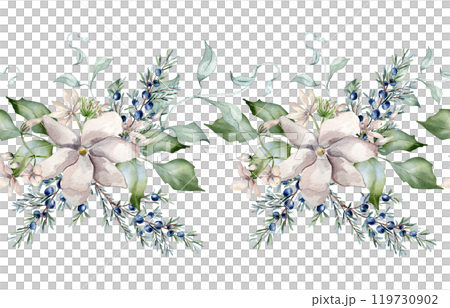 Jasmine pink flowers and juniper branch watercolor seamless border isolated. Floral repeat banner in soft tones hand drawn. Blooms and coniferous painted botanical sketch for Christmas, winter wedding 119730902