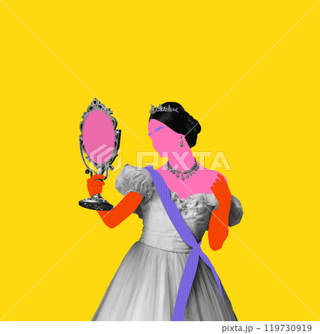 Royal woman, princess, queen looking on mirror against bright yellow background. Contemporary art collage. 119730919