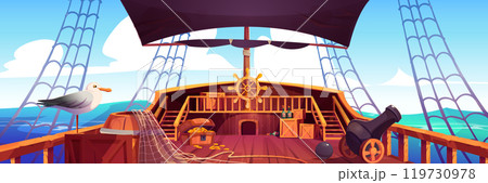 Old pirate ship deck view with steering wheel Old pirate ship deck view with steering wheel 119730978