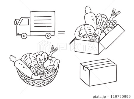 野菜の宅配にまつわる手描きイラストセット（モノクロ）のイラスト素材