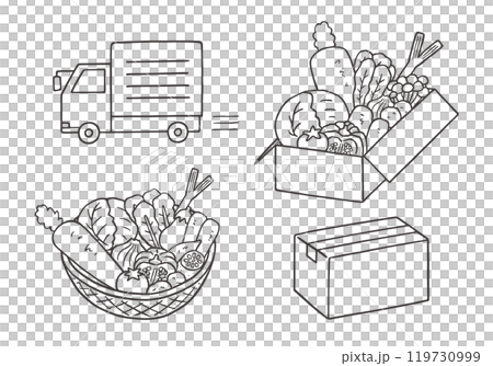 Hand-drawn illustration set related to vegetable delivery (monochrome) Hand-drawn illustration set related to vegetable delivery (monochrome) 119730999