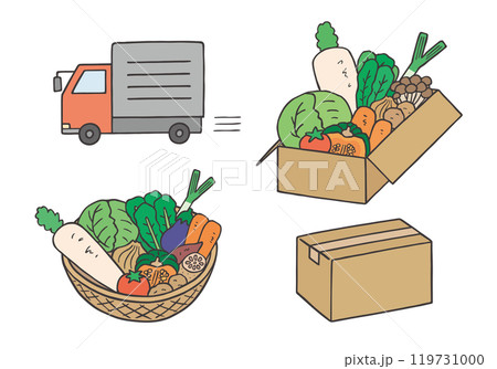 野菜の宅配にまつわる手描きイラストセット（カラー） 119731000