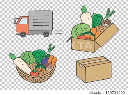 野菜の宅配にまつわる手描きイラストセット（カラー） 119731000