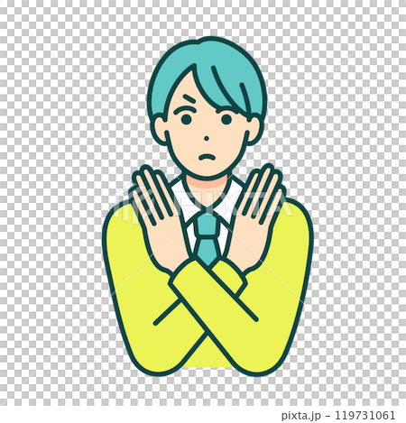 A gesture of refusal by crossing hands in front of the chest. Vector illustration of a high school boy making a X sign with his hands. 119731061