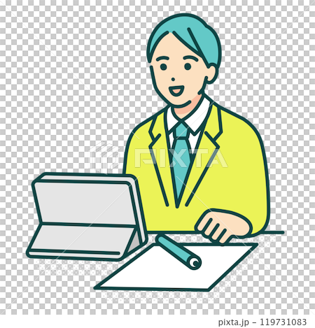 A teenage student doing his homework using a tablet. Vector illustration of a boy studying. A teenage student doing his homework using a tablet. Vector illustration of a boy studying. 119731083