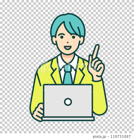 A boy pointing. Vector material of a high school boy studying at school using a laptop. 119731087