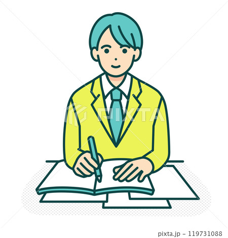 学校での授業風景。ノートをとる男の子。机に座り勉強する男子高生のイラスト。 119731088
