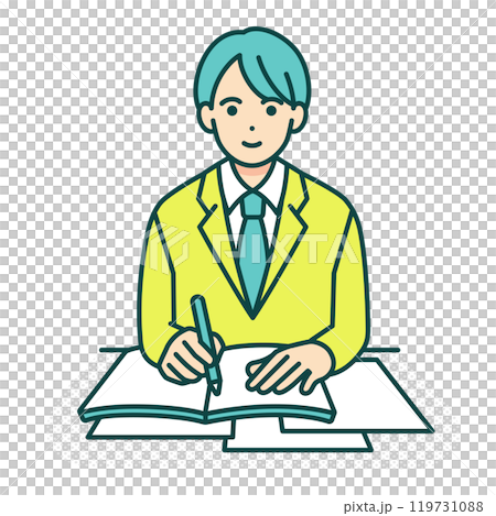 學校的課堂場景。一個男孩在做筆記。一個高中男孩坐在書桌前學習的插圖。 119731088