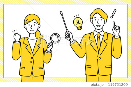 ビジネススーツを着た指を差す男性とガッツポーズの女性のシンプルでポップなベクターフレーム 119731209