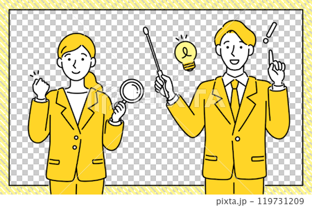 ビジネススーツを着た指を差す男性とガッツポーズの女性のシンプルでポップなベクターフレーム 119731209