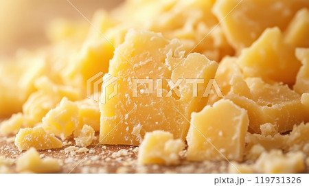 Close up of Crumbly and Rubbery Textured Gourmet Cheese on a Rustic Background Close up of Crumbly and Rubbery Textured Gourmet Cheese on a Rustic Background 119731326