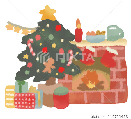 楽しく飾り付けられたクリスマスツリーやプレゼントと暖炉 119731438