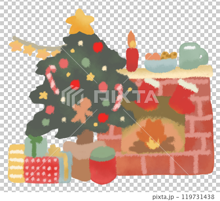 楽しく飾り付けられたクリスマスツリーやプレゼントと暖炉 119731438