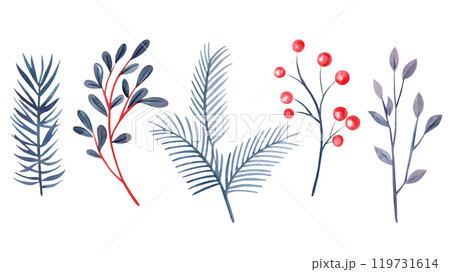 Festive watercolor set. Red berries, blue leaves, branches and winter elements for holiday invitation, seasonal branding 119731614