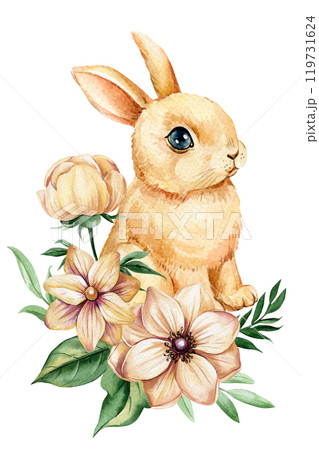 Cute watercolor bunny soft pastel flowers and green leaves on isolated white background, adorable rabbit. Spring animals 119731624