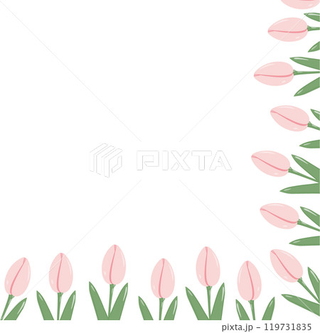 Bloom Tulips in trendy soft pink Corner frame border in spring shades. Womens Day Template concept 119731835