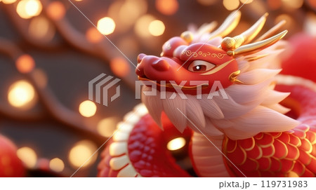 Vibrant Chinese Dragon Dance with Festive Fireworks Backdrop 119731983