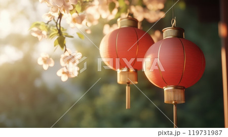 Elegant Red and Gold Lanterns Floating in the Sky Over a Tranquil Nature Landscape Elegant Red and Gold Lanterns Floating in the Sky Over a Tranquil Nature Landscape 119731987
