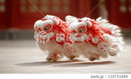Vibrant Chinese Lion Dance Performed in a Colorful Cultural Festival 119731989