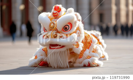 Vibrant Traditional Chinese Lion Dance Performance in Bustling City 119731990