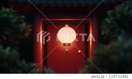 Illuminated Chinese Temple with Golden Snake and Lanterns in Serene Night Landscape 119731991
