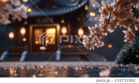 Enchanting Chinese Temple with Golden Snake and Lanterns at Night Under Cherry Blossoms 119731992