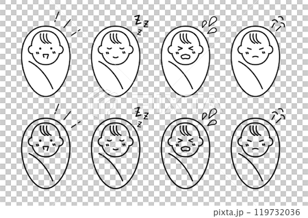 Illustration of various expressions of a baby wrapped in a swaddling cloth 119732036