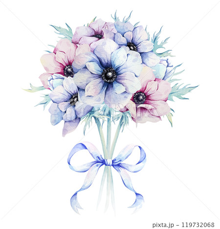 Anemone bouquet with bow, bud and leaves. Watercolor illustration isolated on white background. Airy pink and blue spring flowers for design, printing on cards, invitations Anemone bouquet with bow, bud and leaves. Watercolor illustration isolated on white background. Airy pink and blue spring flowers for design, printing on cards, invitations 119732068