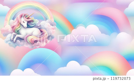 Background with unicorn among airy clouds and rainbow in pastel colors. Background with unicorn among airy clouds and rainbow in pastel colors. 119732073