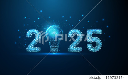 Abstract Happy 2025 New Year greeting card with light bulb 119732154
