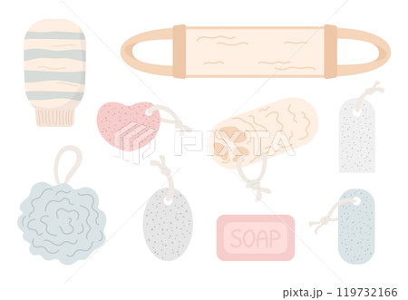 Washcloths, loofah sponge for shower, bath, massage, peeling. Pumice. Beauty, self-care, bathroom, sauna items. Cartoon flat vector illustration.  119732166