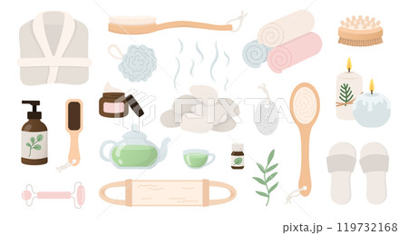 Spa, bath, sauna elements set in cartoon flat style. Massage and beauty salon icons. Vector illustration 119732168