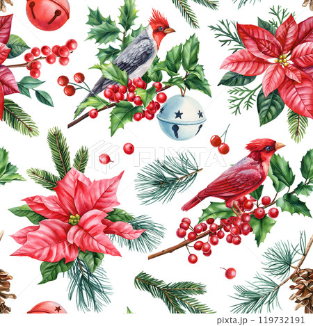 Watercolor Christmas seamless pattern with red cardinal birds, poinsettia flowers, holly leaves, pine branches, festive Watercolor Christmas seamless pattern with red cardinal birds, poinsettia flowers, holly leaves, pine branches, festive 119732191