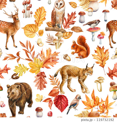 Deer, bear, lynx, squirrel and owl. Forest seamless watercolor pattern. Autumn leaves, mushrooms, bird and wild animals Deer, bear, lynx, squirrel and owl. Forest seamless watercolor pattern. Autumn leaves, mushrooms, bird and wild animals 119732192