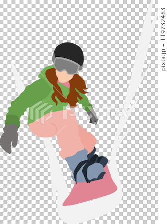 Illustration of a woman snowboarding on a snowy mountain in winter 119732483