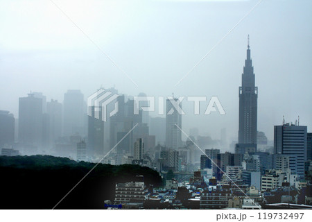 原宿のビルから見渡した新宿方面の高層ビル群は霧に包まれ、幻想的で消え行きそうな風景に 119732497
