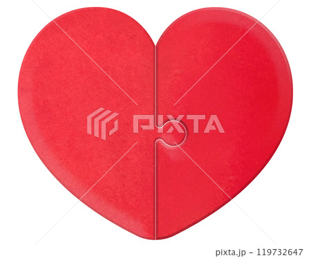 縦に分かれた立体的なふっくらしたハートの形の赤いパズル 縦に分かれた立体的なふっくらしたハートの形の赤いパズル 119732647