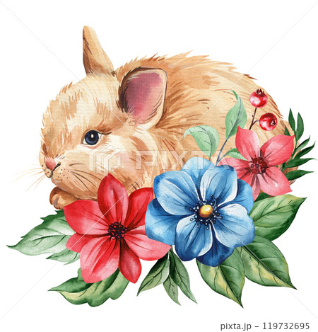 Sweet bunny with pastel blooms and botanical leaves, adorable watercolor animal art for holiday and nursery use. Rabbit Sweet bunny with pastel blooms and botanical leaves, adorable watercolor animal art for holiday and nursery use. Rabbit 119732695