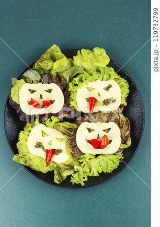 Mini sandwiches with monster faces. Mini sandwiches with monster faces. 119732799