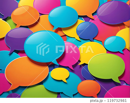 Colorful overlapping speech bubbles on a vibrant background. Communication and social media concept illustration for design and print 119732981
